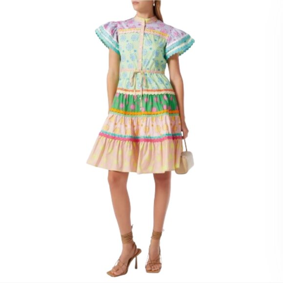 CeliaB Ursula Mini Shirt Dress Womens Small Green Orange Short Sleeve Cotton - Picture 1 of 14